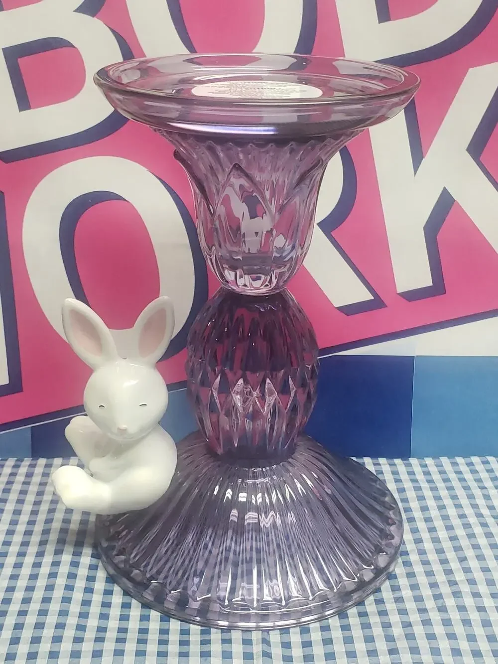 BBW Purple Faceted Glass with Bunny Pedestal Single Wick Candle Holder Decor